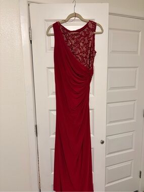 R&M Richards Red One-Shoulder Evening Gown with Lace Bodice